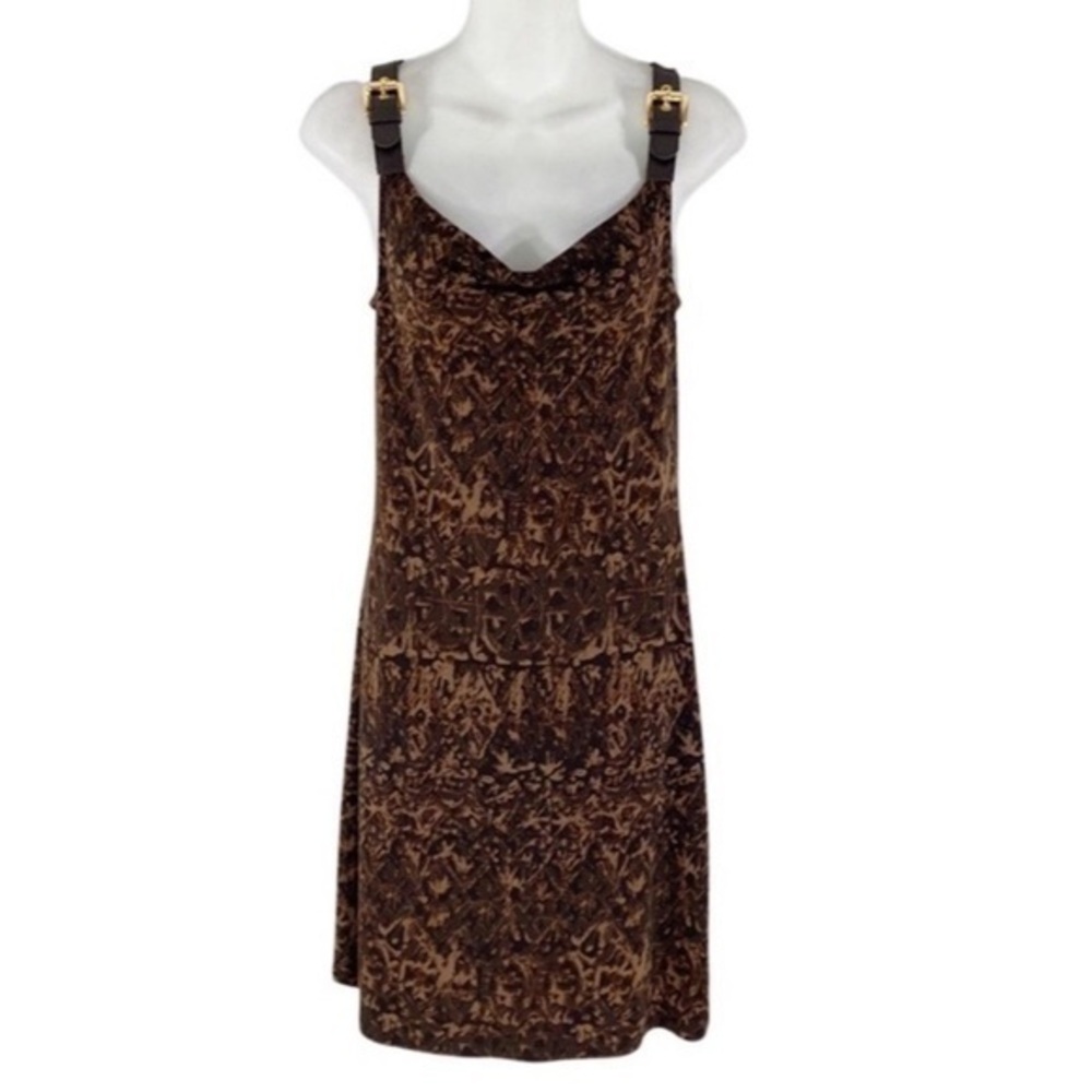 Michael Kors brown print jersey gold buckle strap dress G41